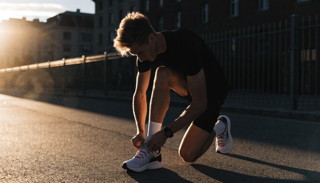 Man tying athletic shoes outdoors getting ready for early morning run.