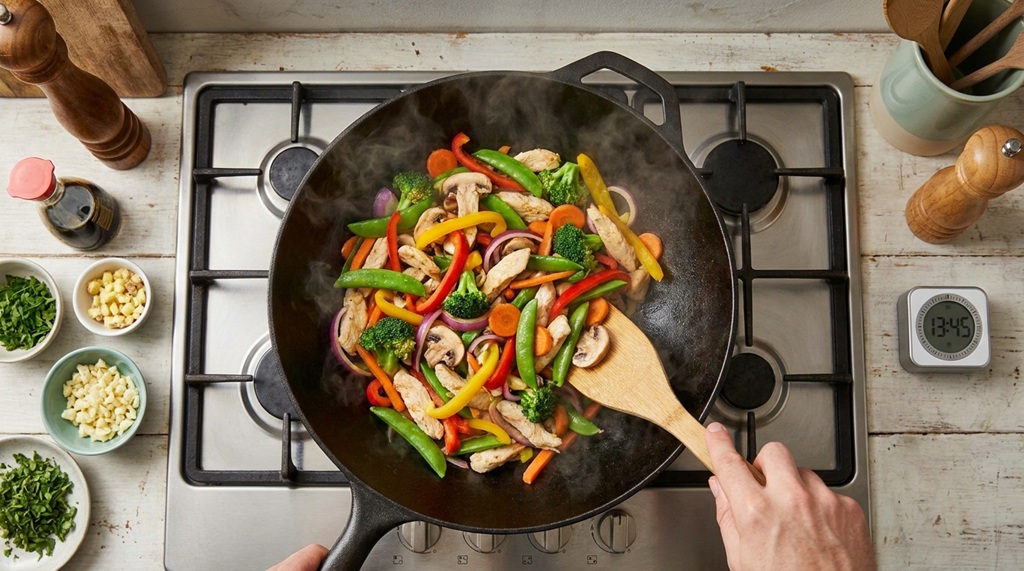 Fresh chopped vegetables and chicken sizzling inside a single pan on a stove.