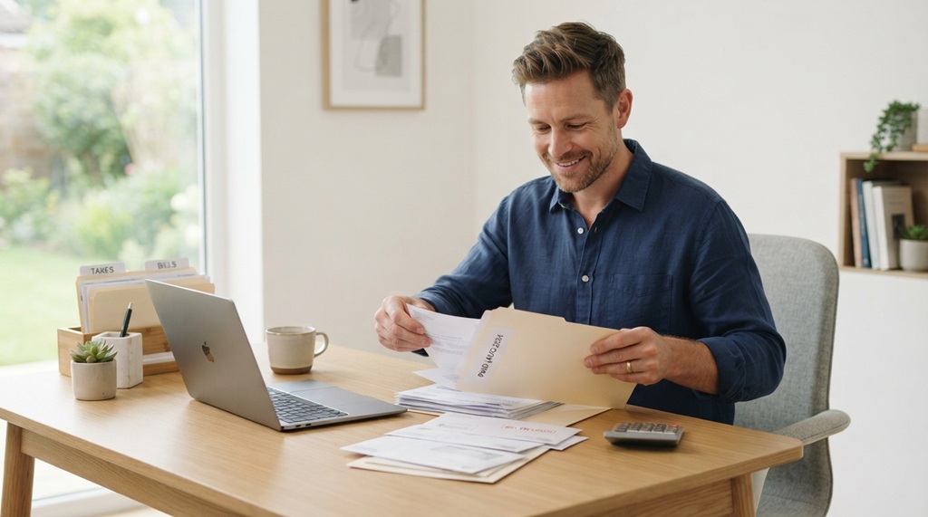 A man smiling with relief while reviewing personal financial documents at his desk.
