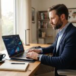 Male professional using a laptop at a home office desk with modern financial charts visible.