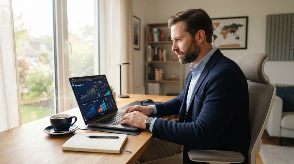 Male professional using a laptop at a home office desk with modern financial charts visible.