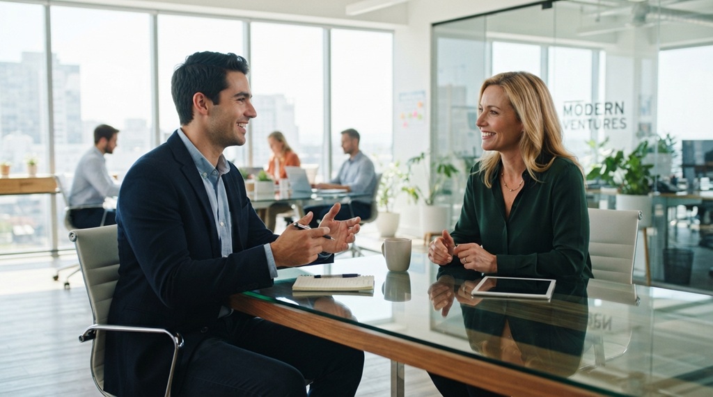 Confident male job candidate speaking with a hiring manager in a bright office.