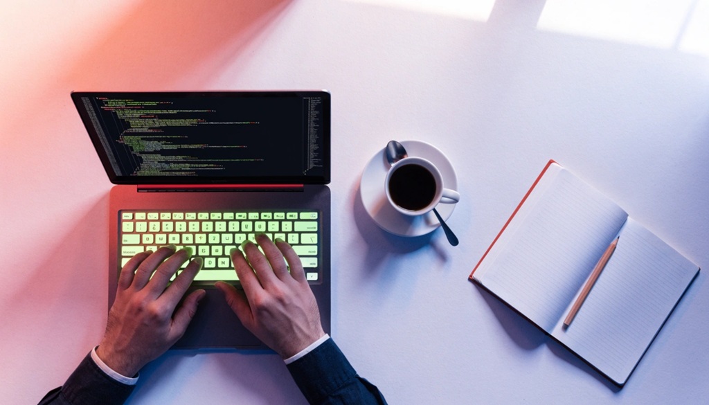 Male programmer typing code on a laptop keyboard at a modern desk setup.