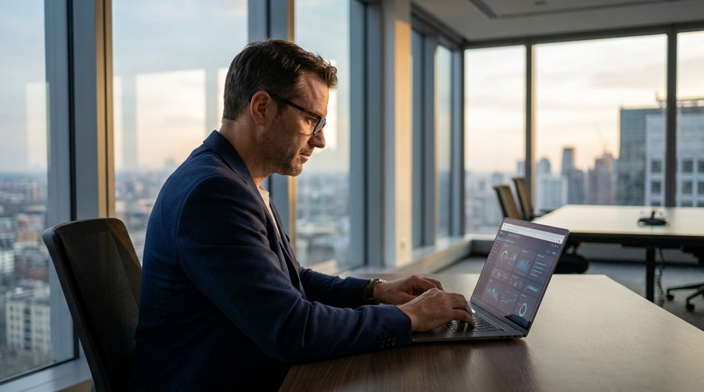Man using a laptop at his desk to evaluate different software options.