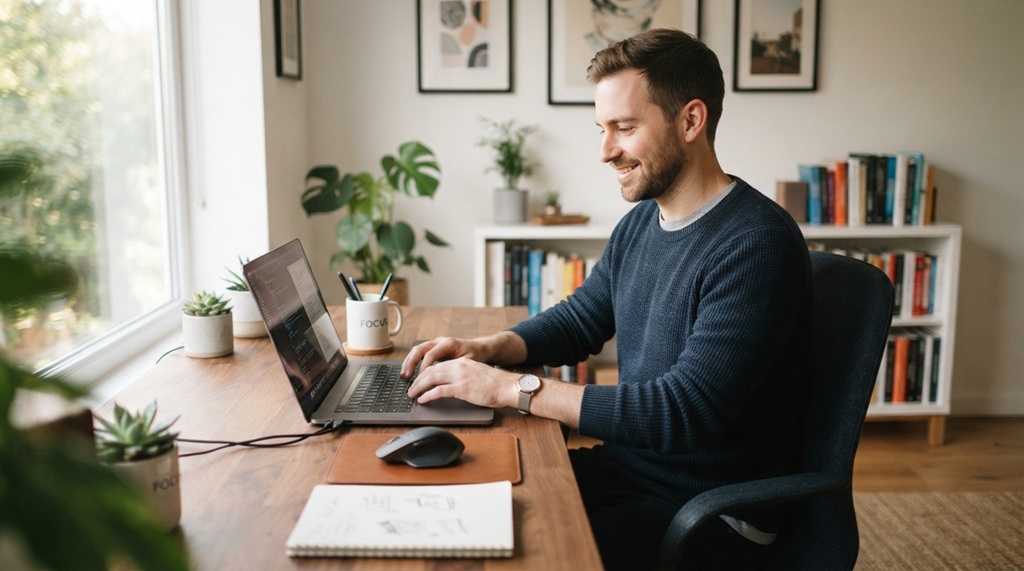 A man typing focused on his laptop at a clean modern desk.