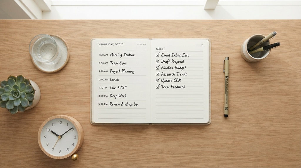 Flat-lay of an organized desk with a daily planner and analog clock.