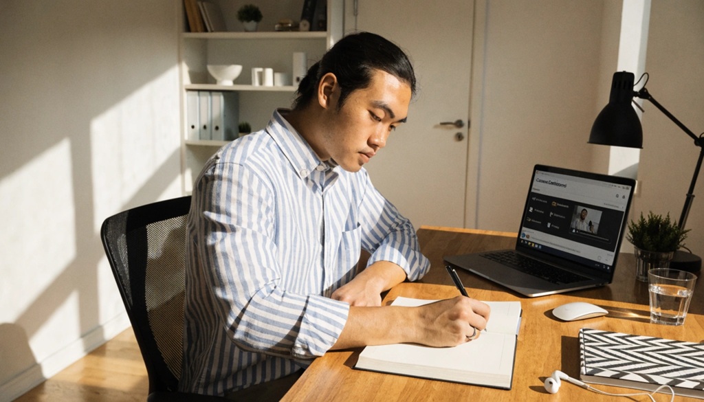 A man taking notes beside a laptop displaying an online course dashboard.