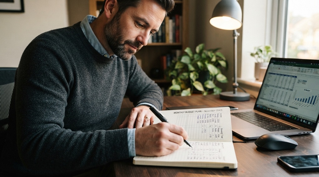 A man writing down a monthly debt payoff plan on paper next to a laptop.