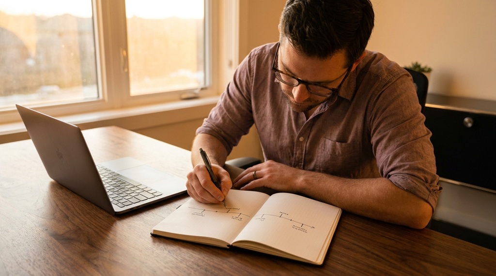 Man planning career roadmap on laptop and notebook at modern desk.