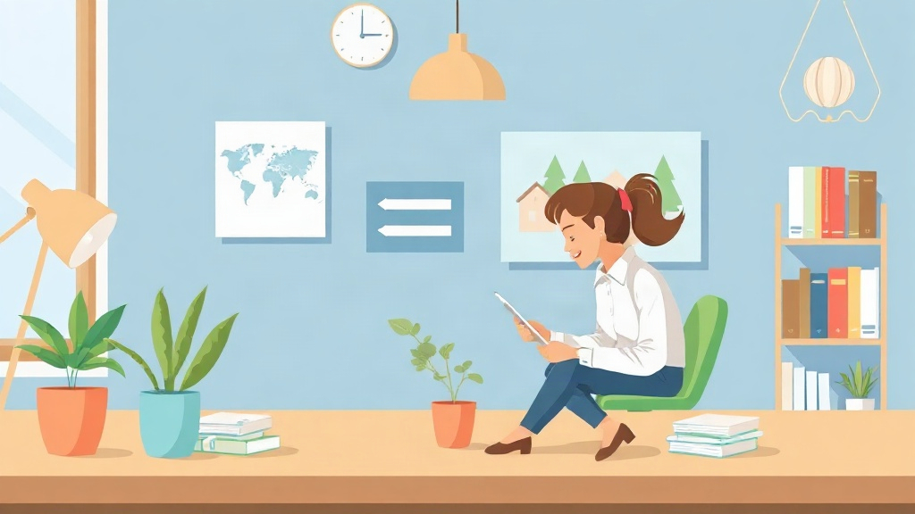 Woman sits in a green chair reading a tablet in an office with plants, books and wall art.