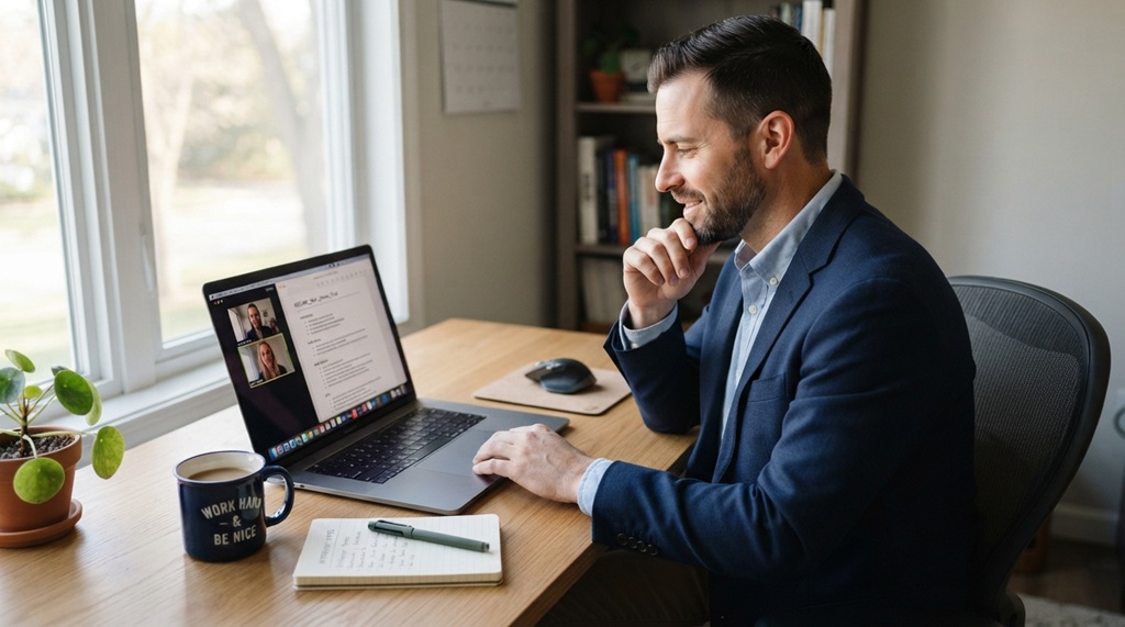 Man reviewing resume and notes on laptop before job interview.
