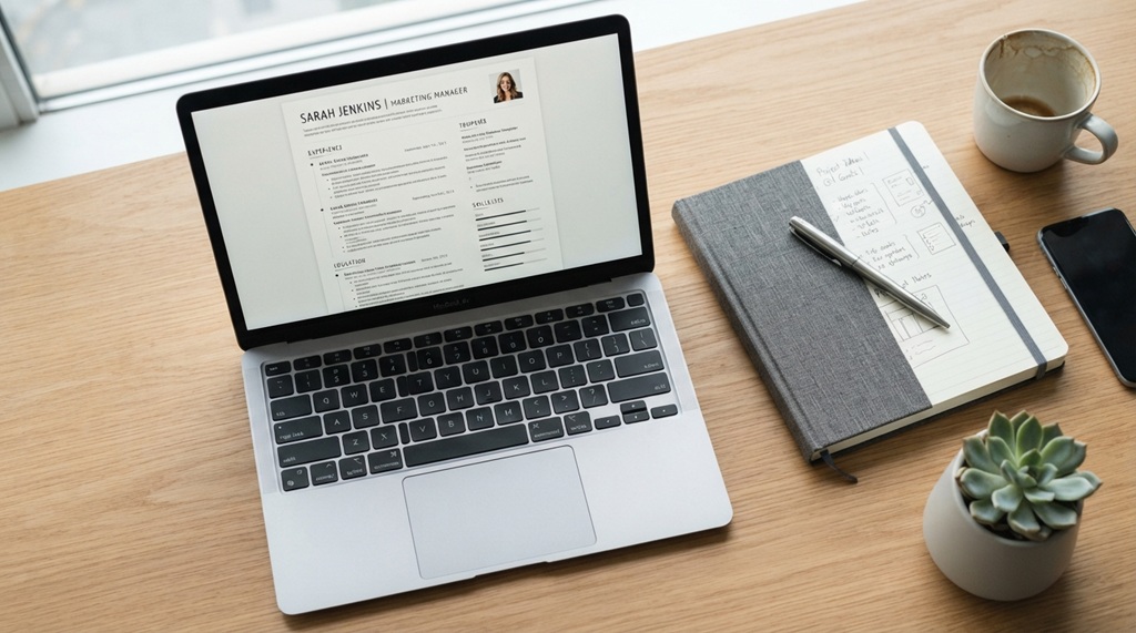 Laptop screen showing a modern resume template next to a notebook on a desk.