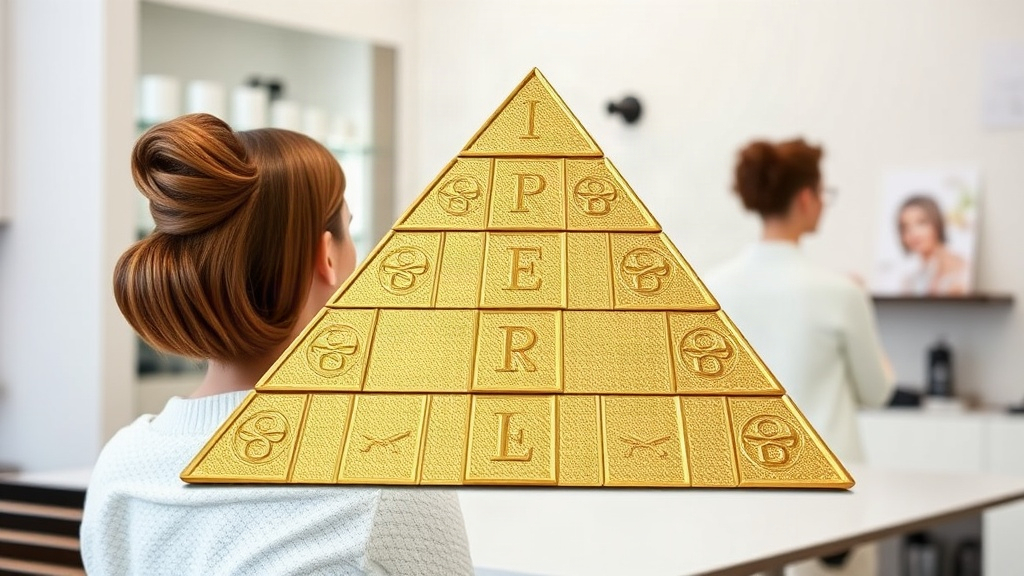 A golden pyramid diagram over a woman in a hair salon.