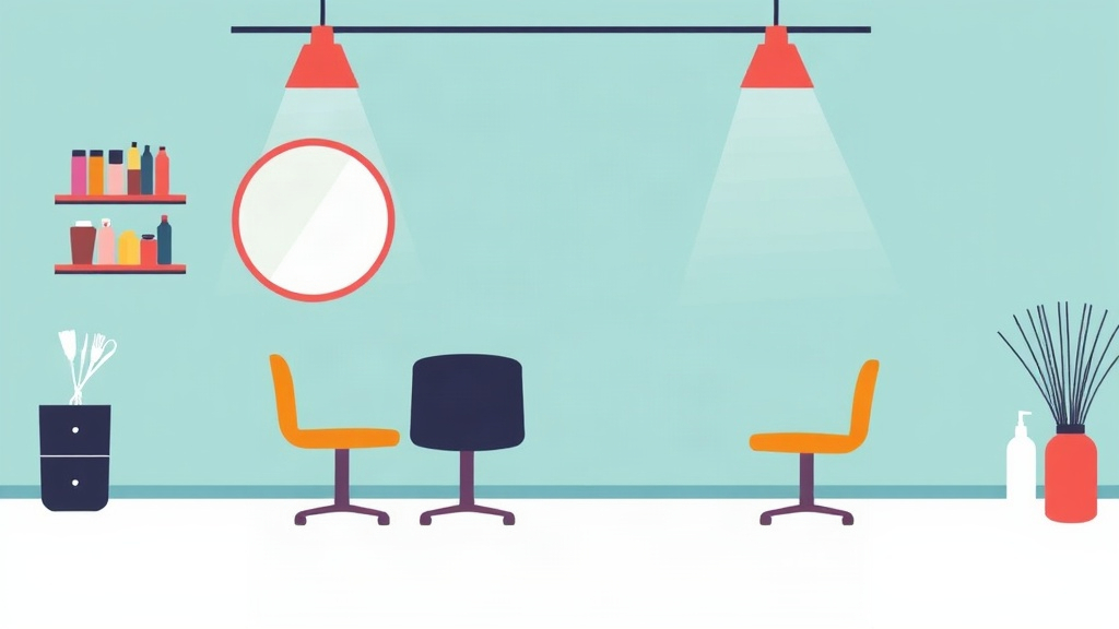 Why pyramid scheme in hairdressing matters A stylized hairdressing salon interior with two orange chairs, a round mirror, and shelves of bottles.