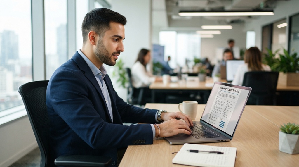 Young man reviewing his professional resume on a laptop at a bright office desk.